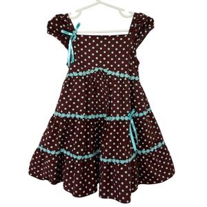Vintage Rare Editions‎ Brown Blue Polka Dot Ribbon Floral Dress Toddler Size 3T